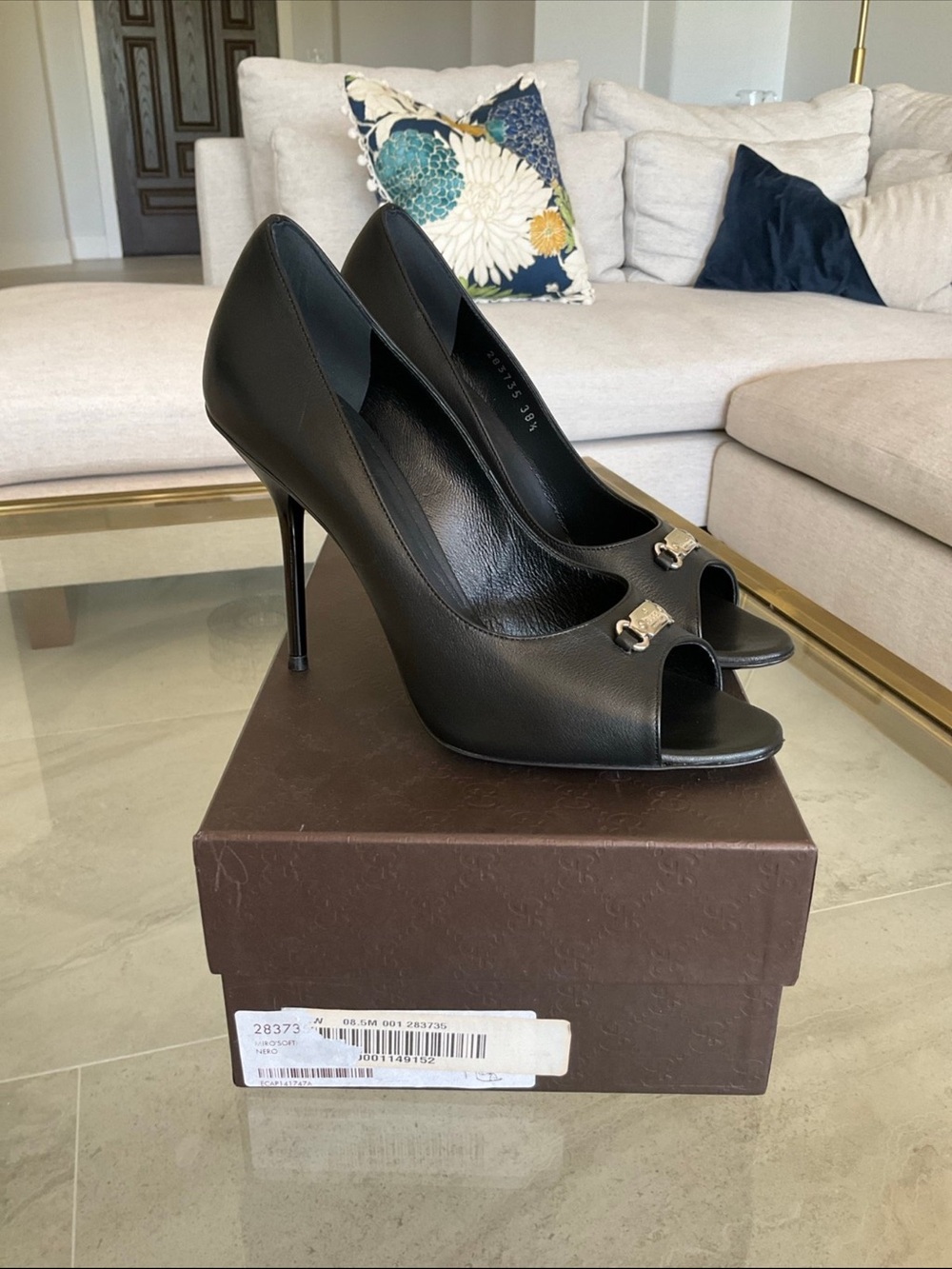 Gucci black Nero silver logo plaque peep toe heels, 38.5, NIB! - Picture 7 of 11